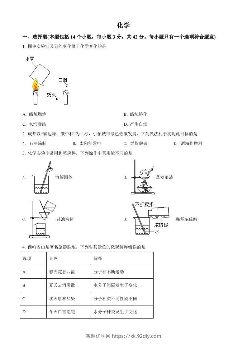 2022年四川省成都市中考化学真题（空白卷）-智源优学网