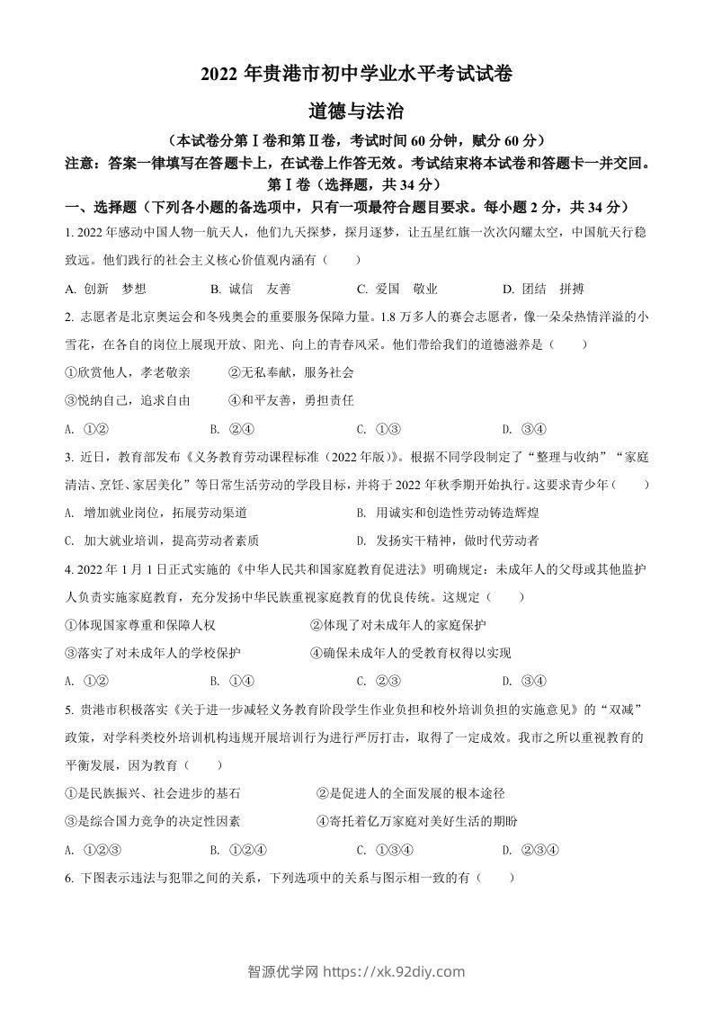 2022年广西贵港市中考道德与法治试题（空白卷）-智源优学网