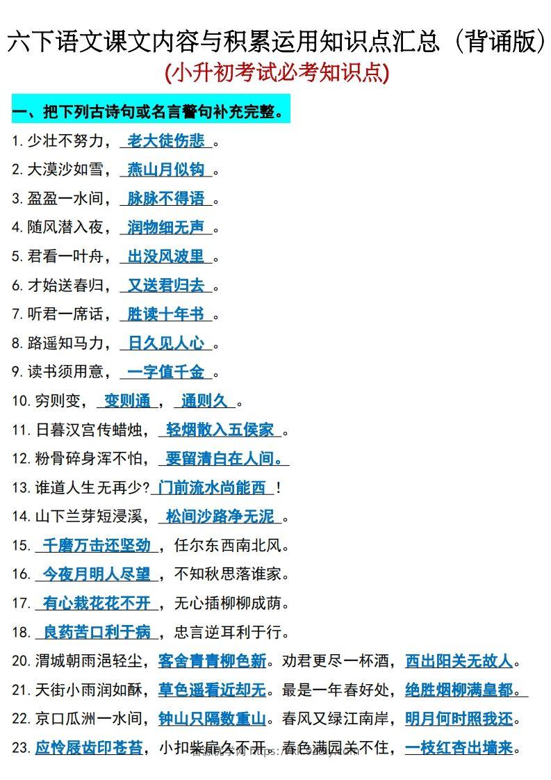 六年级下册语文(小升初)期末必考知识点-智源优学网