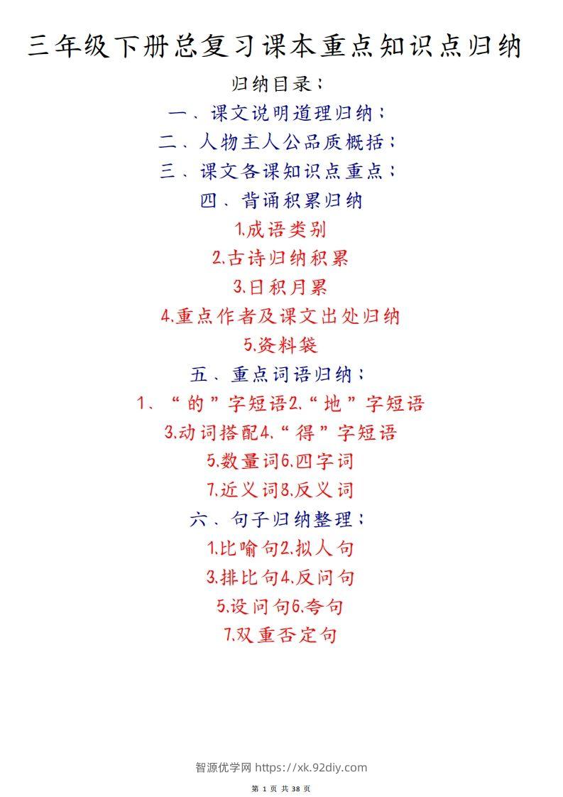 期末复习重点知识汇总三下语文-智源优学网