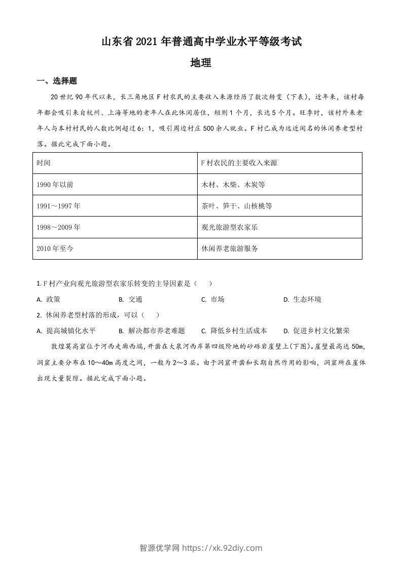 2021年高考地理试卷（山东）（空白卷）-智源优学网