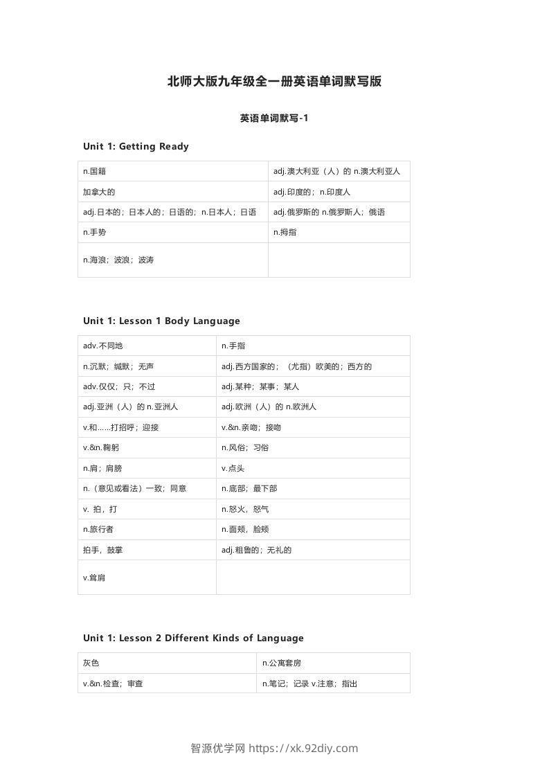 北师大版九年级上册英语单词默写表-智源优学网