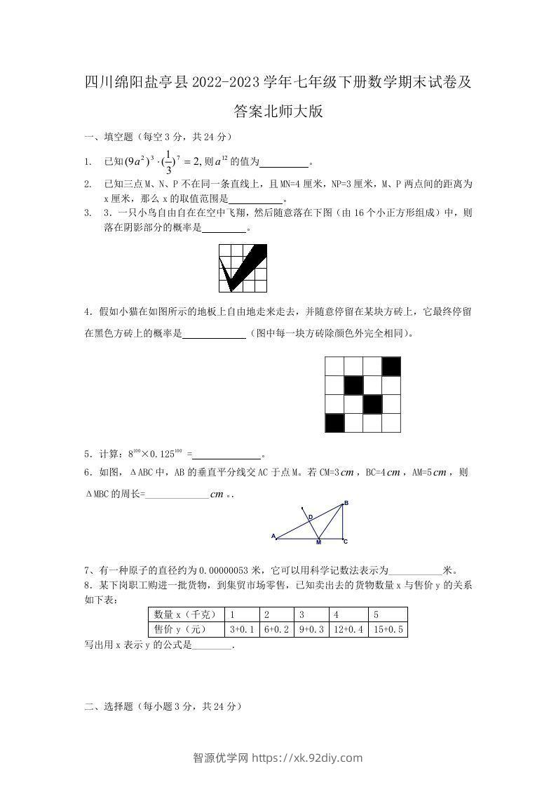 四川绵阳盐亭县2022-2023学年七年级下册数学期末试卷及答案北师大版(Word版)-智源优学网