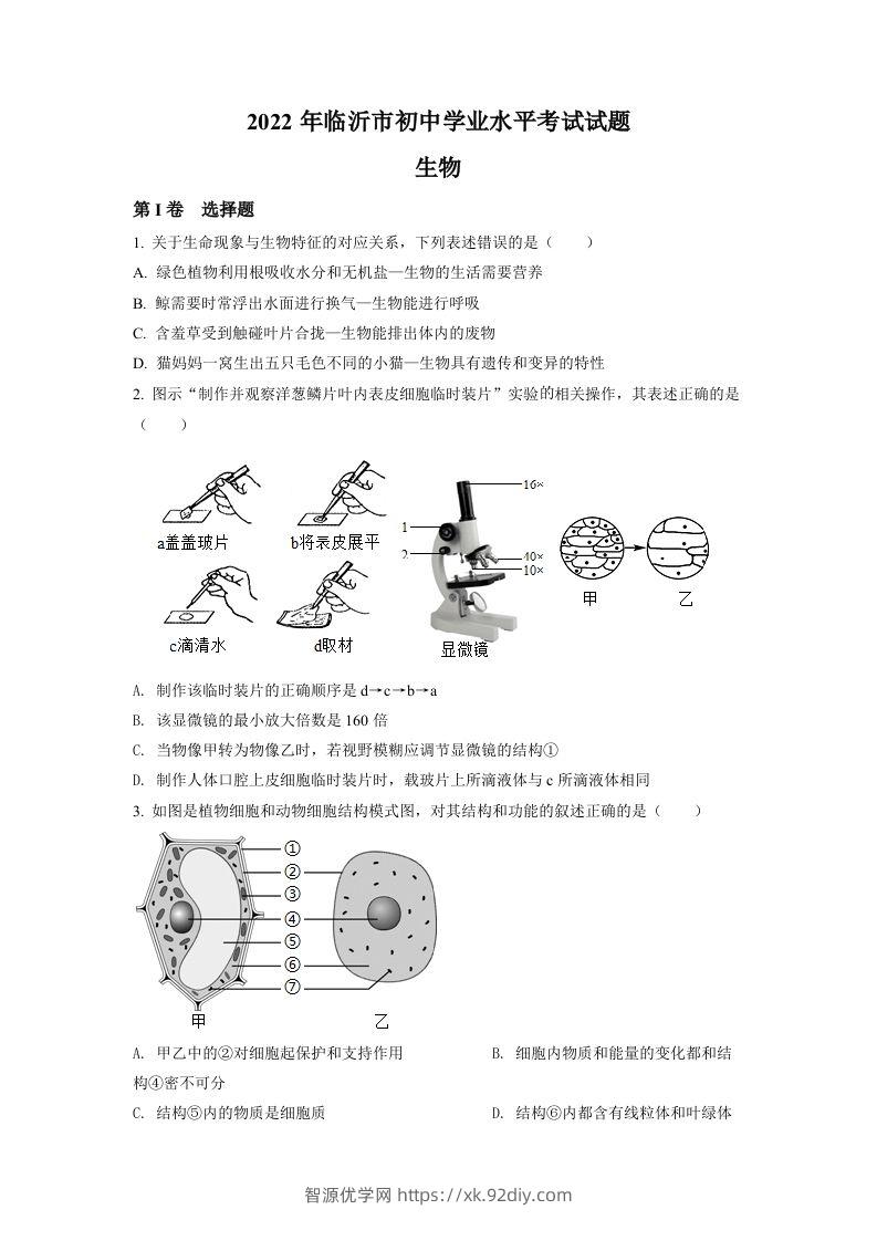 2022年山东省临沂市中考生物真题（空白卷）-智源优学网
