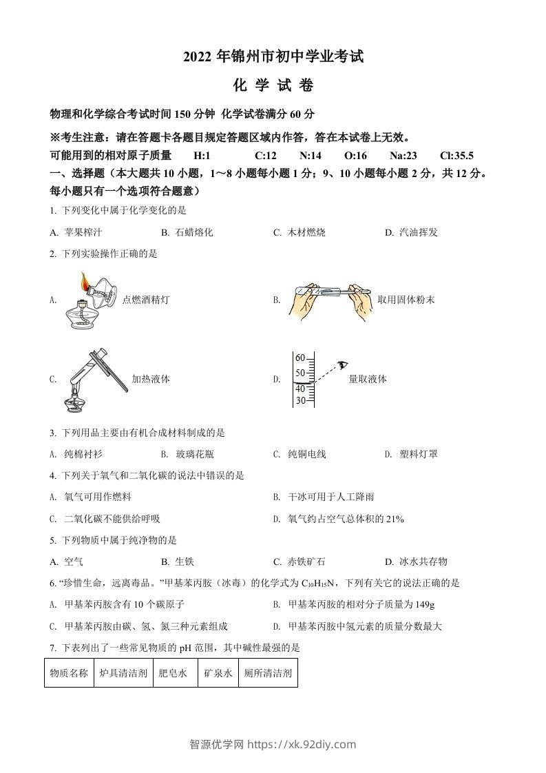 2022年辽宁省锦州市中考化学真题（空白卷）-智源优学网