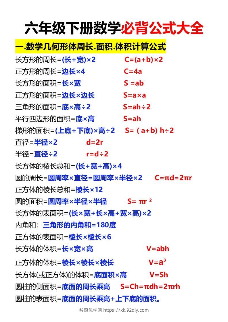 六年级下册数学必背公式大全-智源优学网