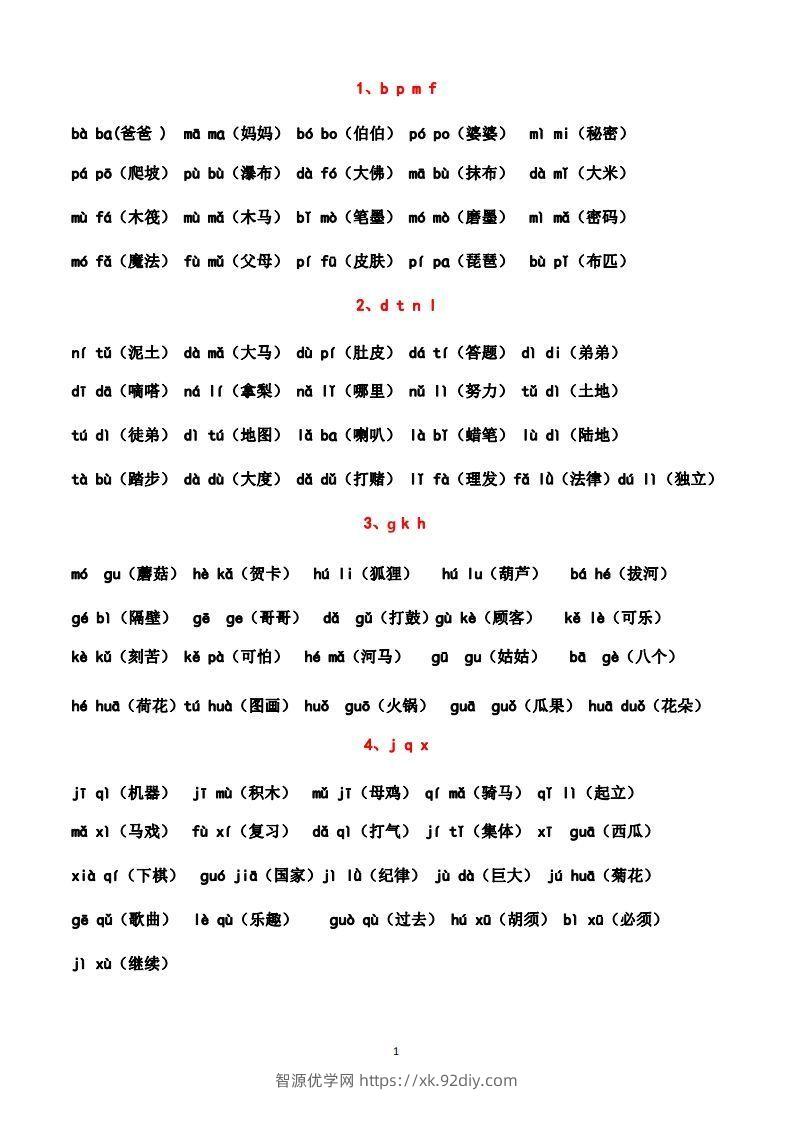 一上语文汉语拼音拼读练习（晨读晚读最佳资料）-智源优学网