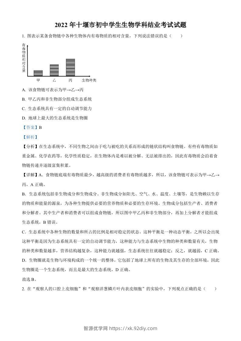 2022年湖北省十堰市结业考试生物试题（含答案）-智源优学网