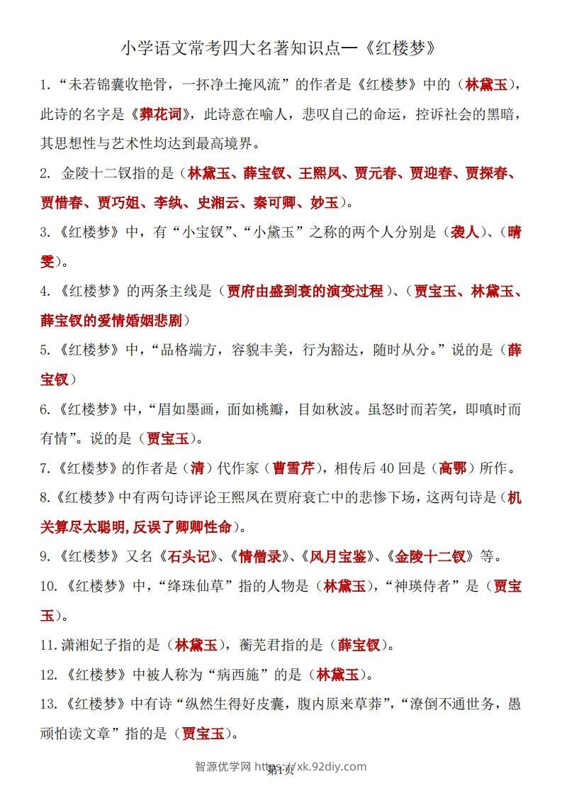 四大名著知识点汇总之《红楼梦》-智源优学网