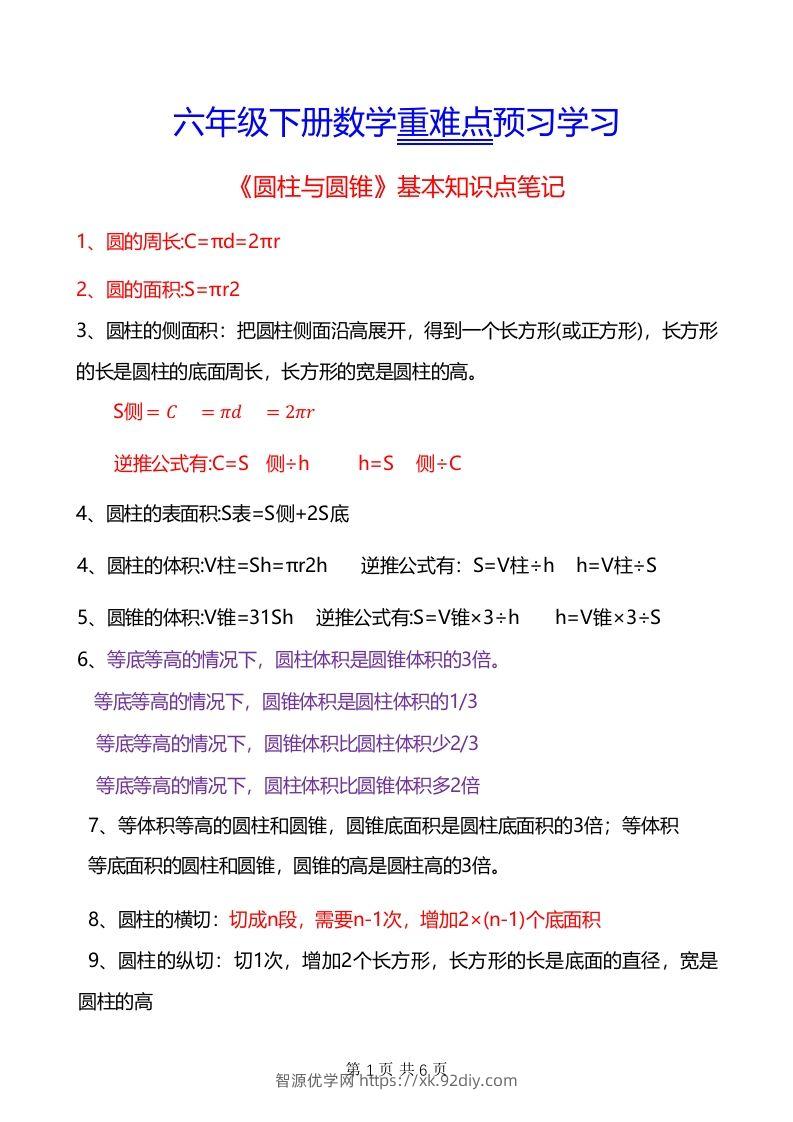 六年级下册数学重难点《圆柱与圆锥》-智源优学网