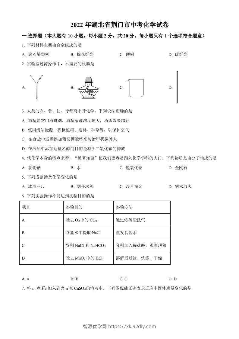 2022年湖北省荆门市中考化学真题（空白卷）-智源优学网