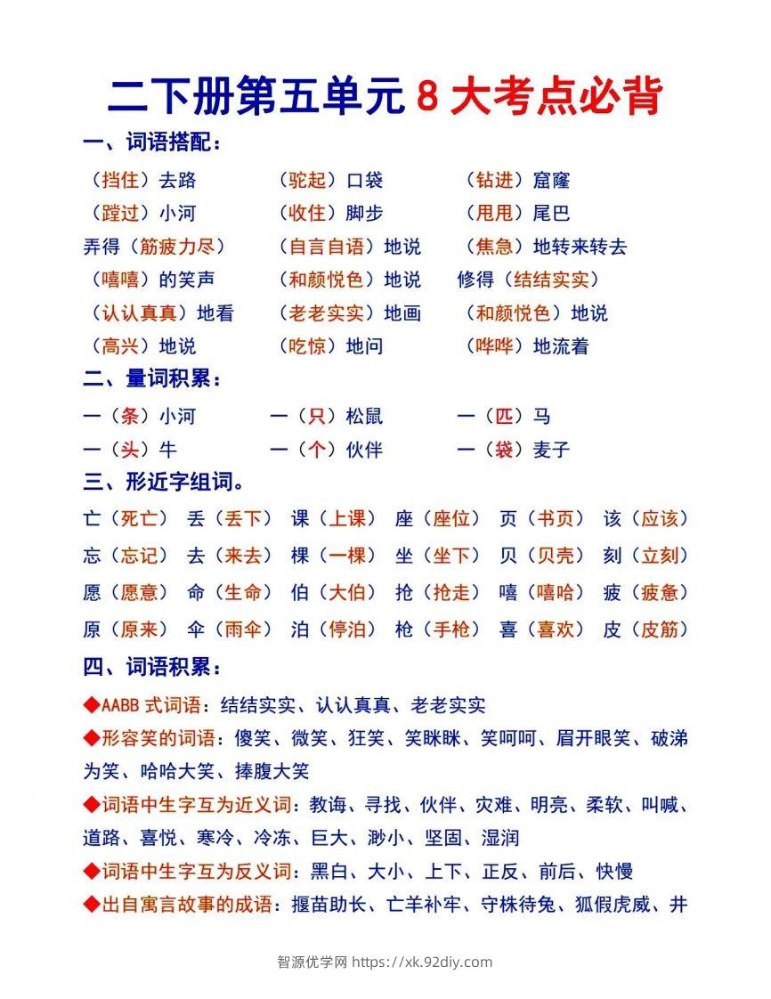 二下语文【第五单元8大考点必背】-智源优学网
