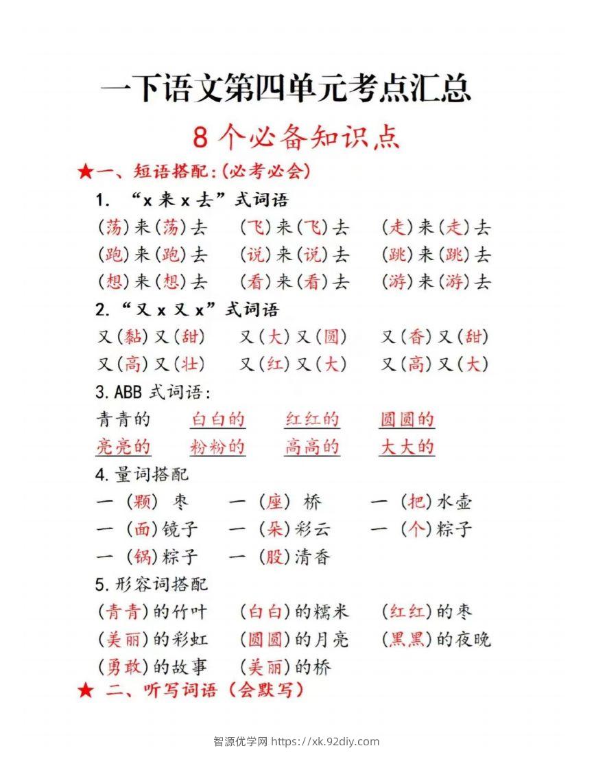 一下语文第四单元考点总结-智源优学网