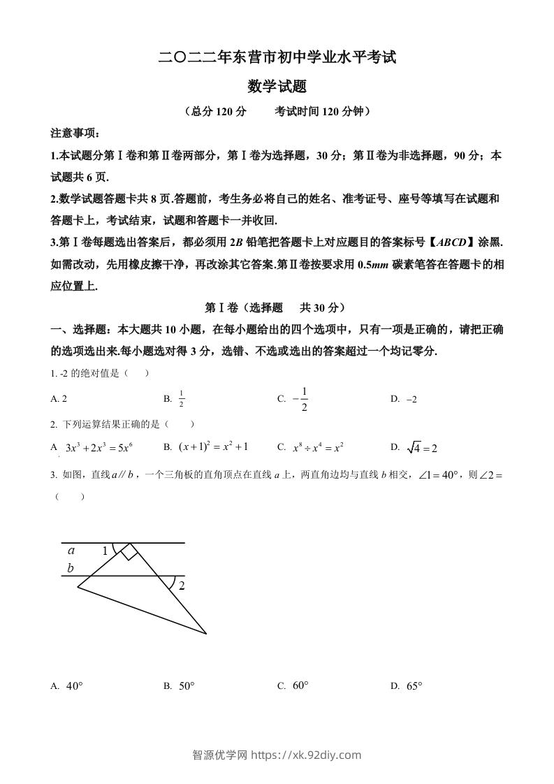 2022年山东省东营市中考数学真题（空白卷）-智源优学网