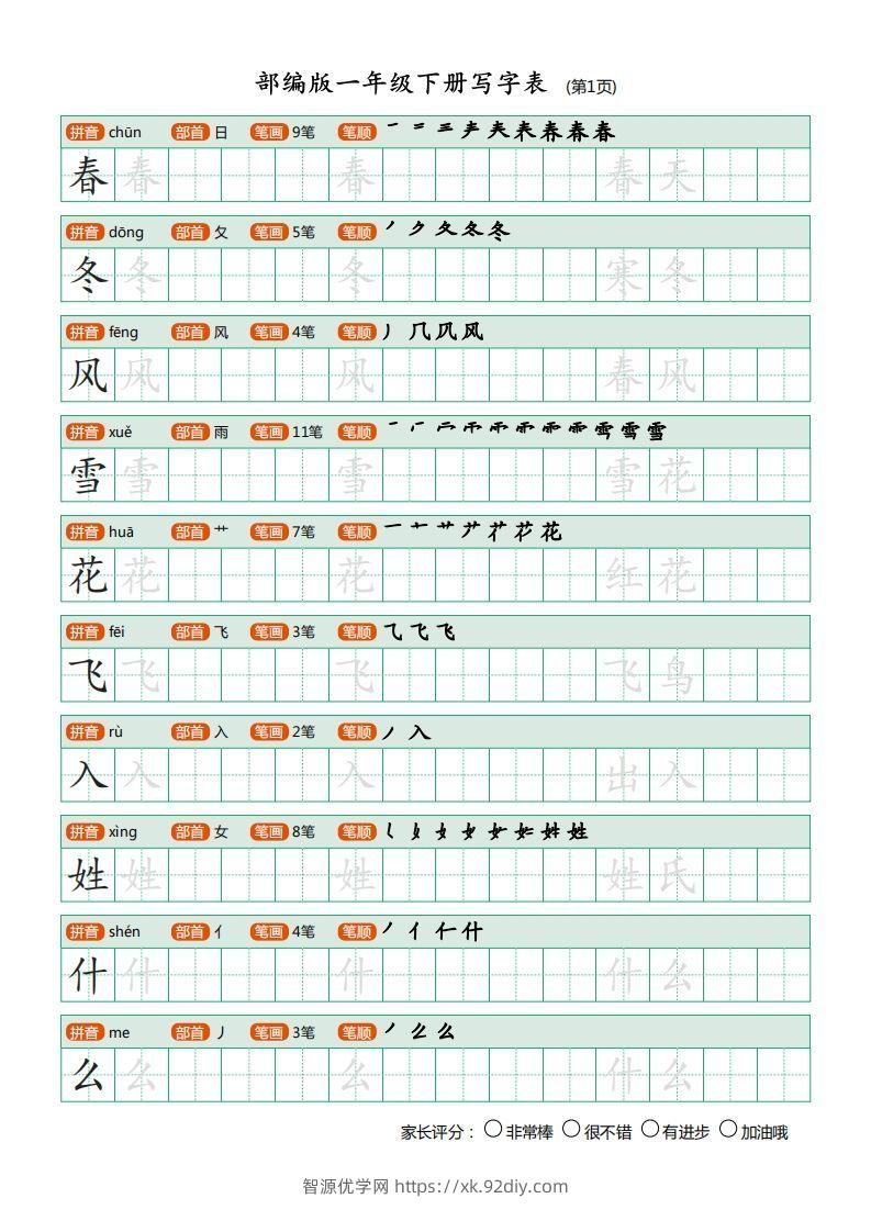 一年级语文下册写字表(笔顺)（20页）PDF（部编版）-智源优学网