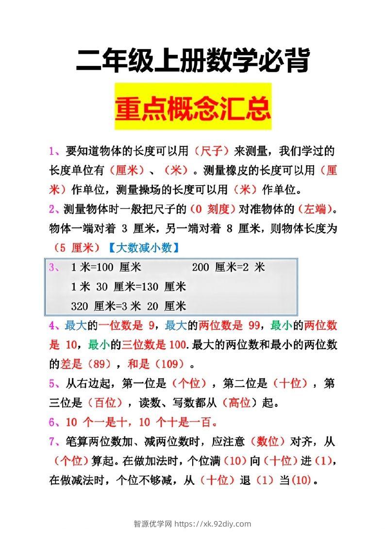 二年级数学上册重点概念汇总-智源优学网