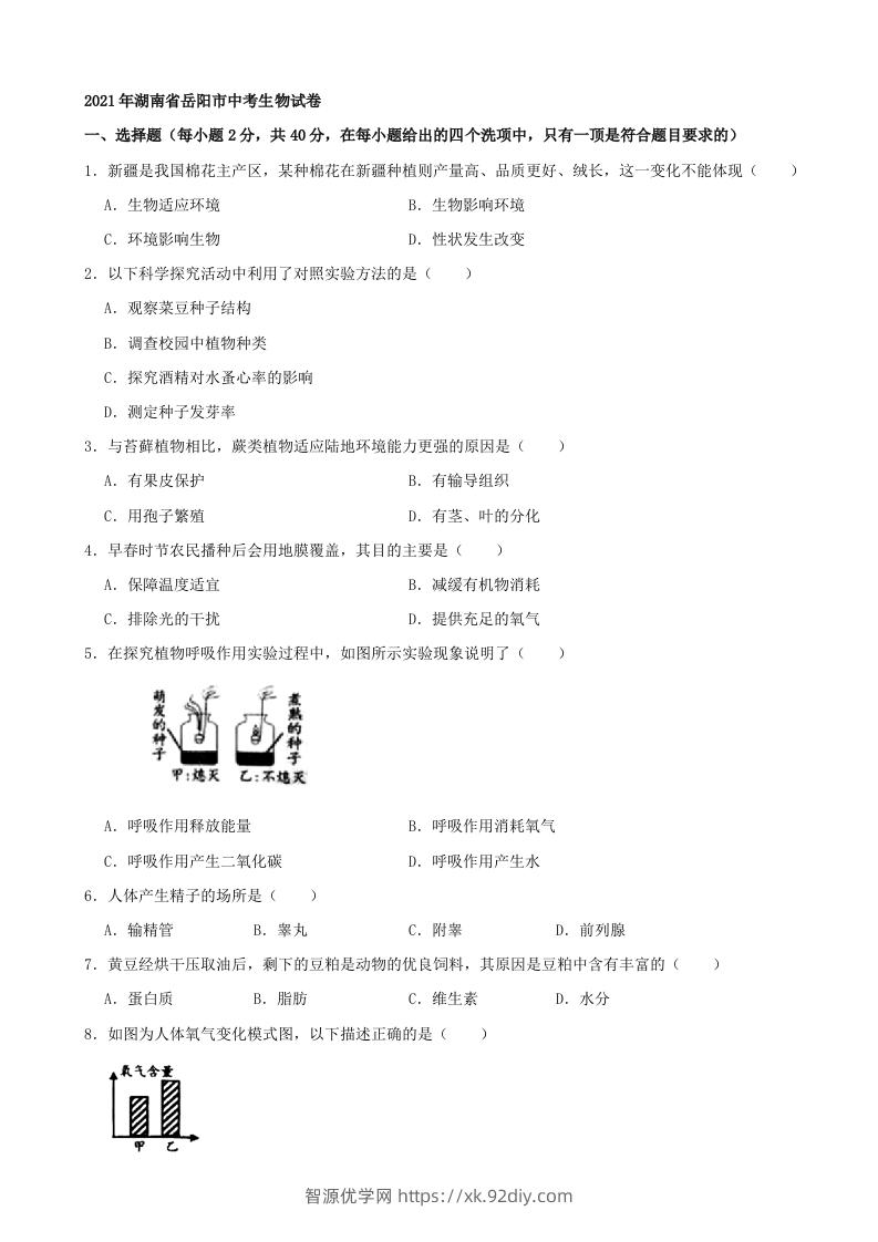 2021年湖南省岳阳市中考生物真题（word版，含解析）-智源优学网