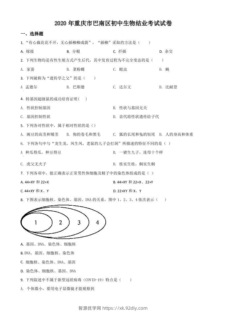 2020年重庆市巴南区初中会考生物试题（空白卷）-智源优学网