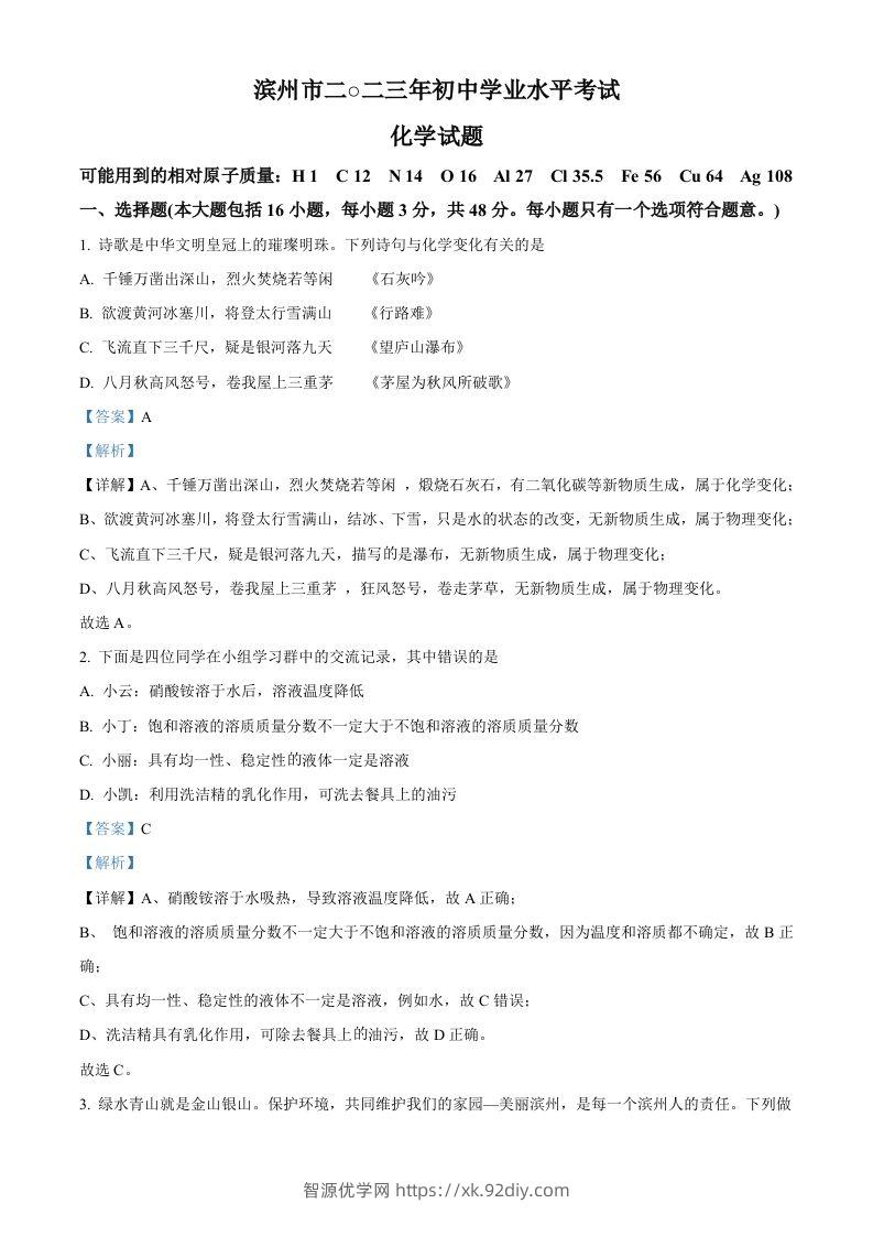 2023年山东省滨州市中考化学真题（含答案）-智源优学网