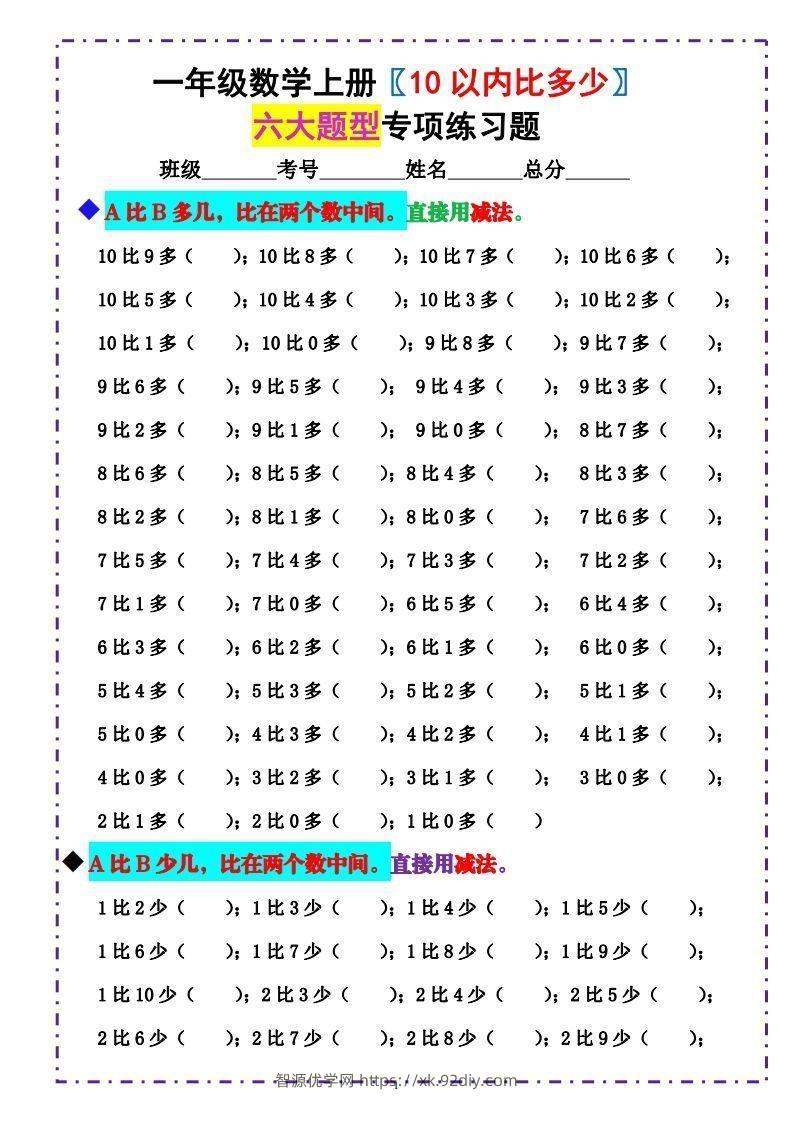一上数学《10以内比多少》填空题六大题型（含答案）-智源优学网