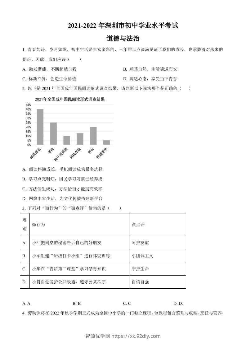 2022年广东省深圳市中考道德与法治真题（空白卷）-智源优学网