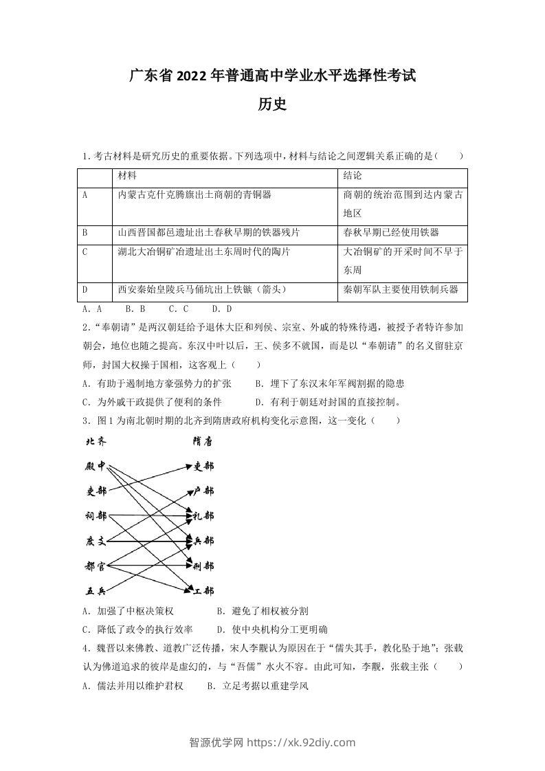 2022年高考历史试卷（广东）（空白卷）-智源优学网