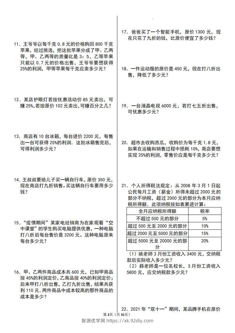 图片[2]-六年级数学上册百分数应用题60题-智源优学网