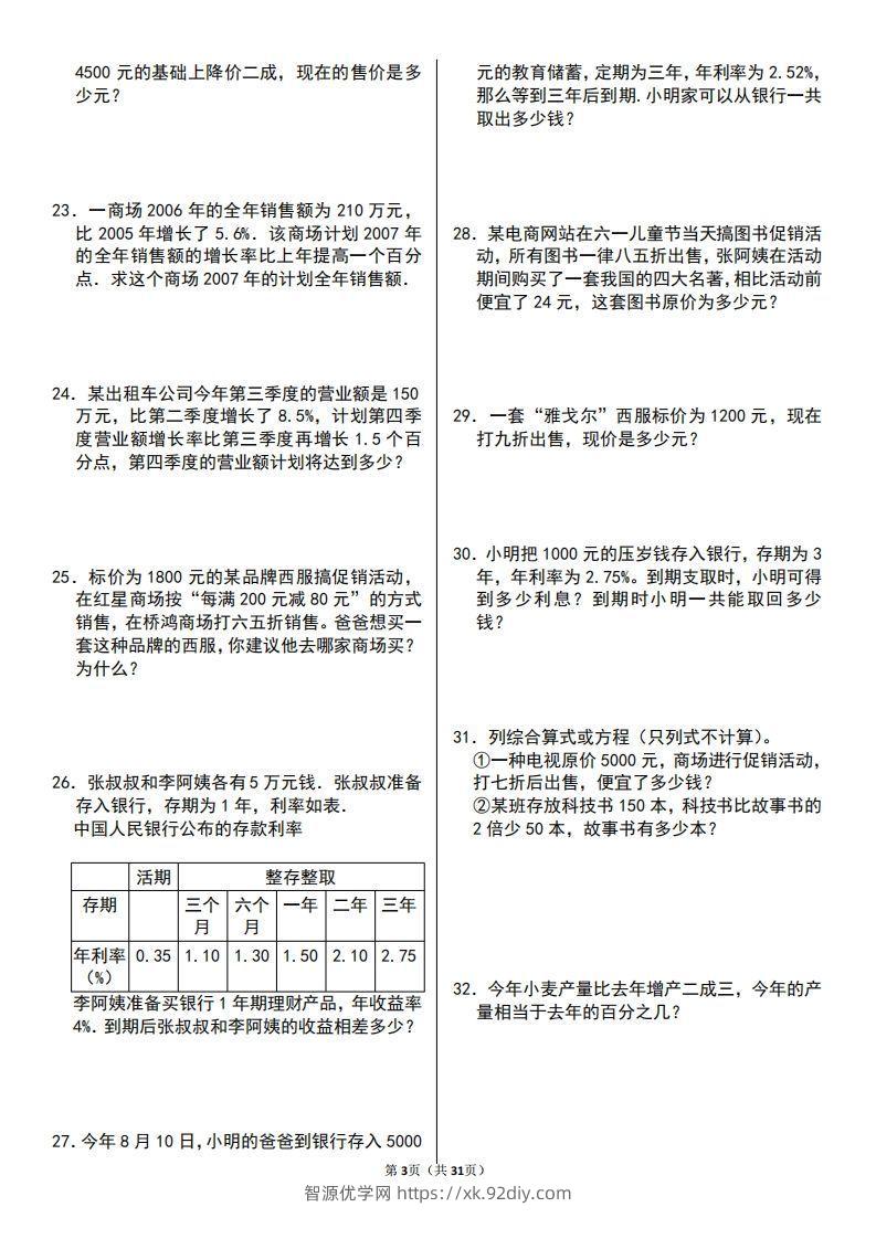 图片[3]-六年级数学上册百分数应用题60题-智源优学网