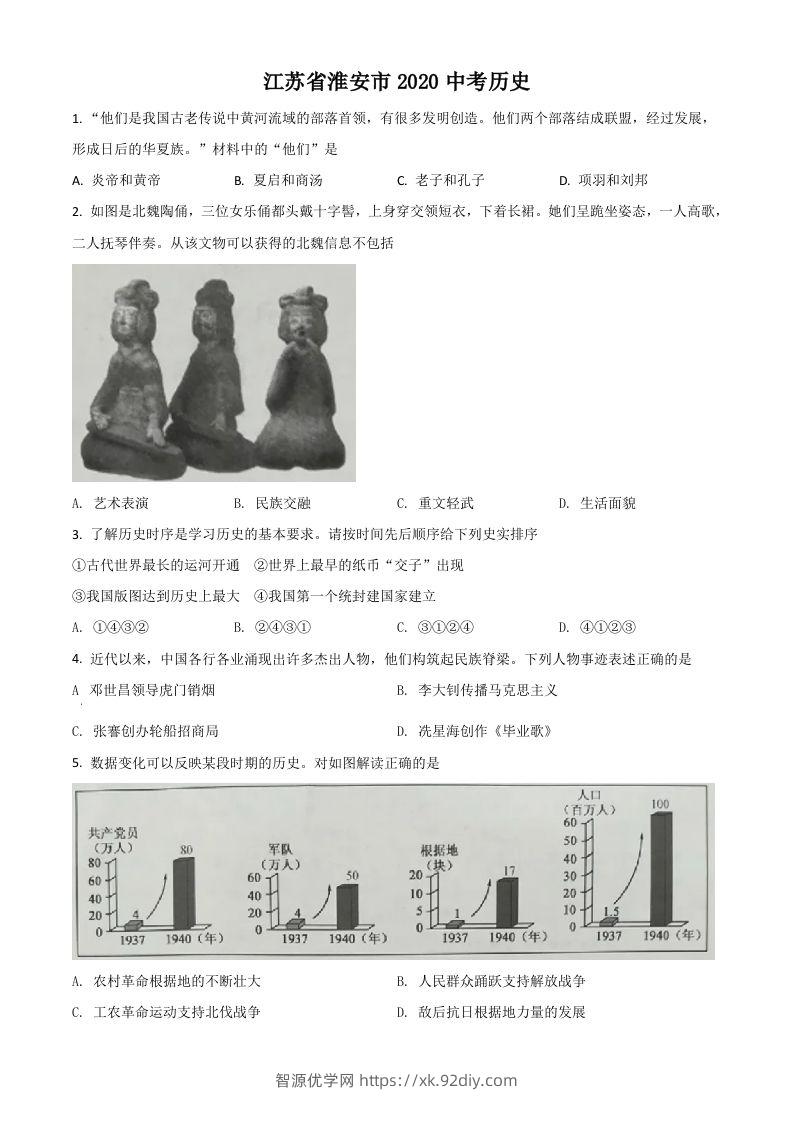 江苏省淮安市2020年中考历史试题（空白卷）-智源优学网