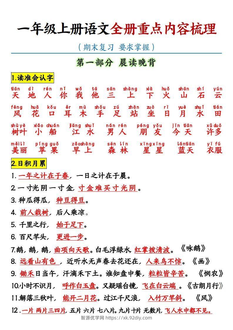 【全册重点知识点汇总】一上语文-智源优学网