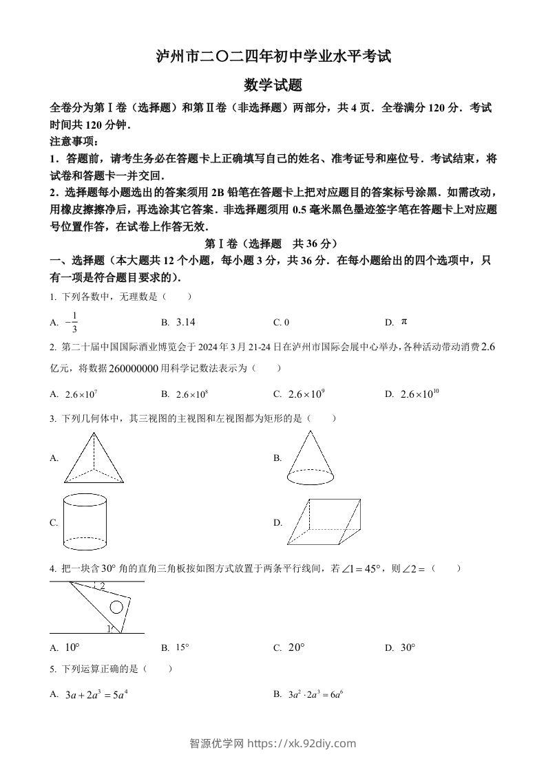 2024年四川省泸州市中考数学试题（空白卷）-智源优学网