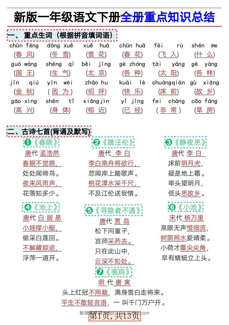★3.9新版一年级语文下册全册重点知识总结-智源优学网
