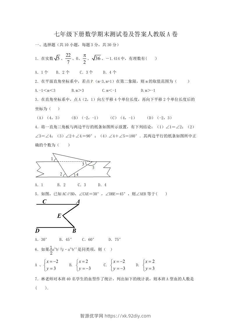 七年级下册数学期末测试卷及答案人教版A卷(Word版)-智源优学网