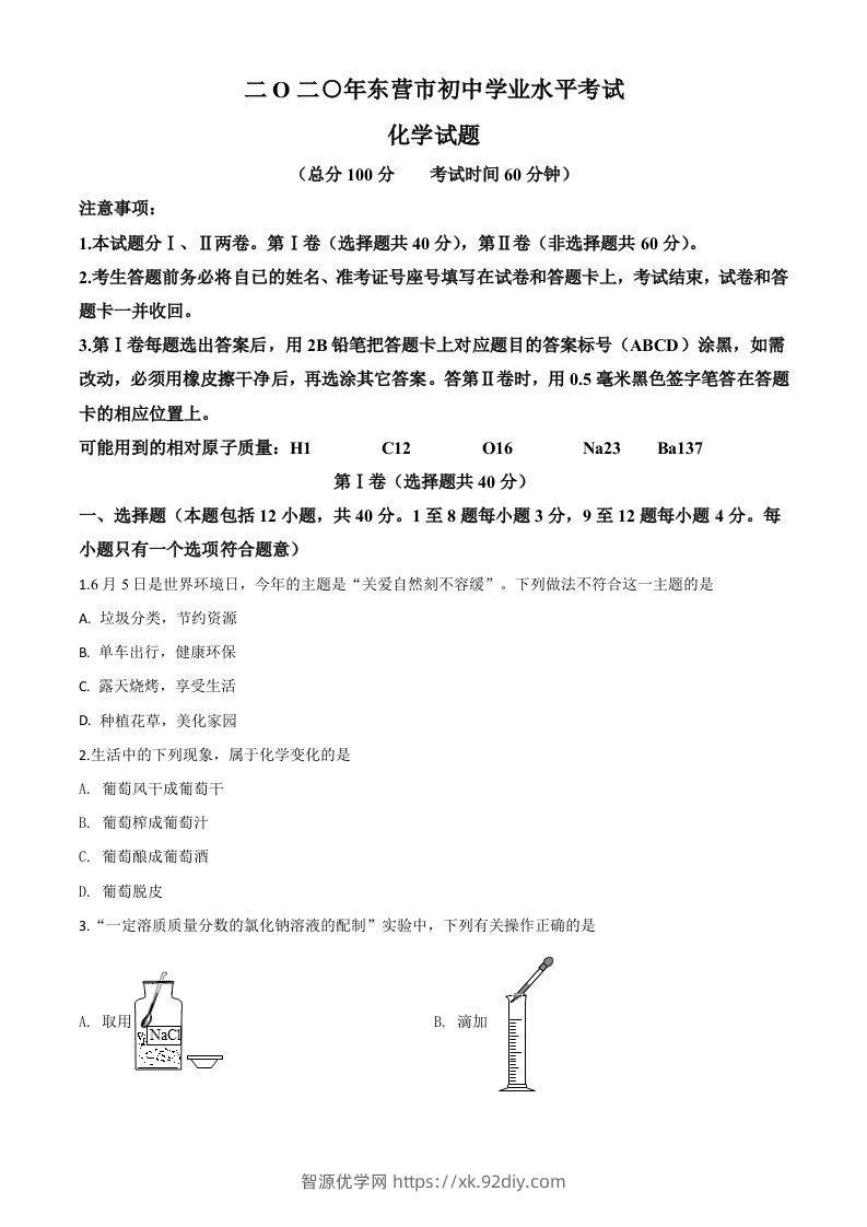 山东省东营市2020年中考化学试题（空白卷）-智源优学网