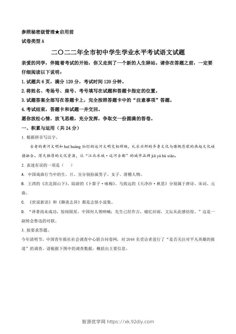 2022年山东省聊城市中考语文真题（空白卷）-智源优学网