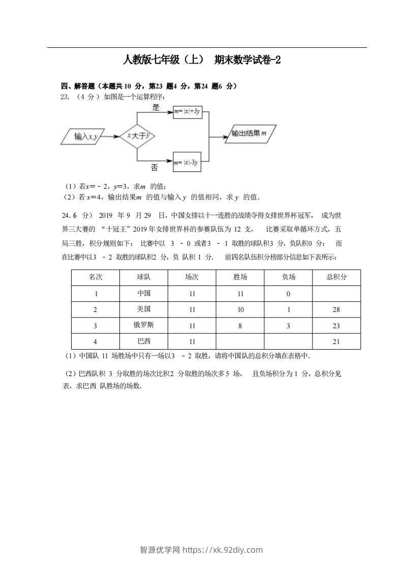 七年级（上）数学期末试卷4-2卷人教版-智源优学网