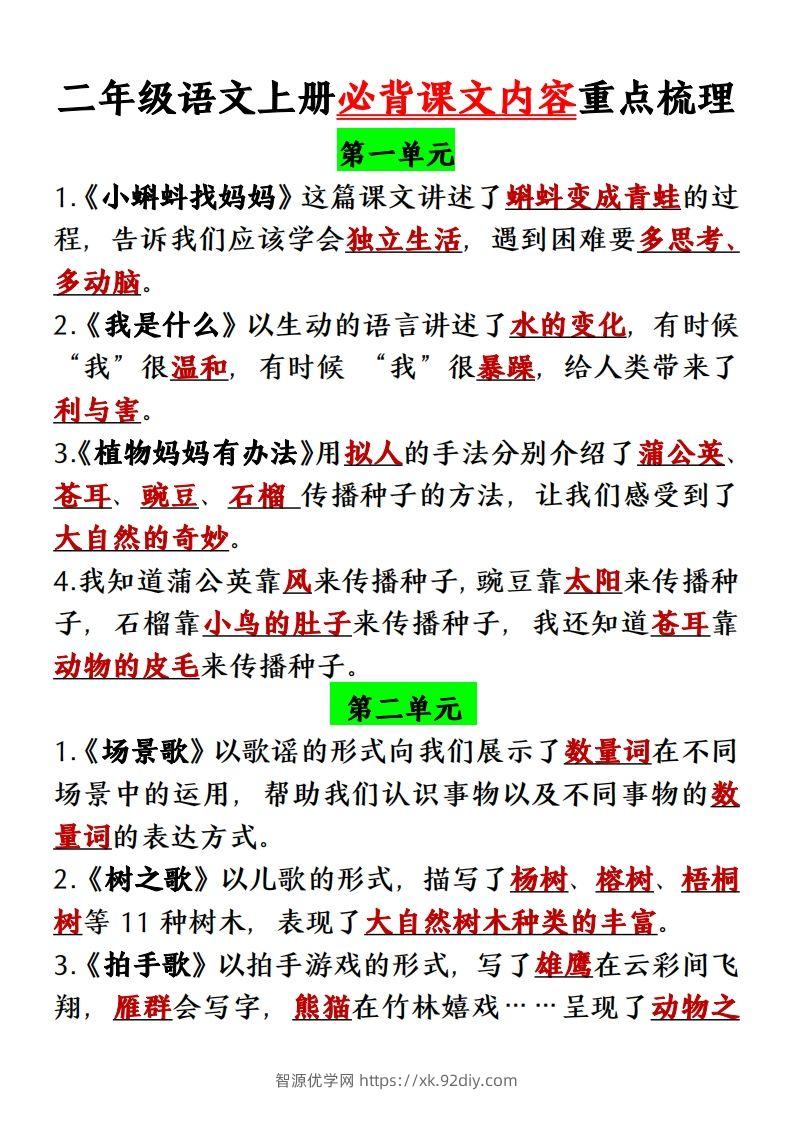 【单元必背课文内容重点梳理】二上语文-智源优学网