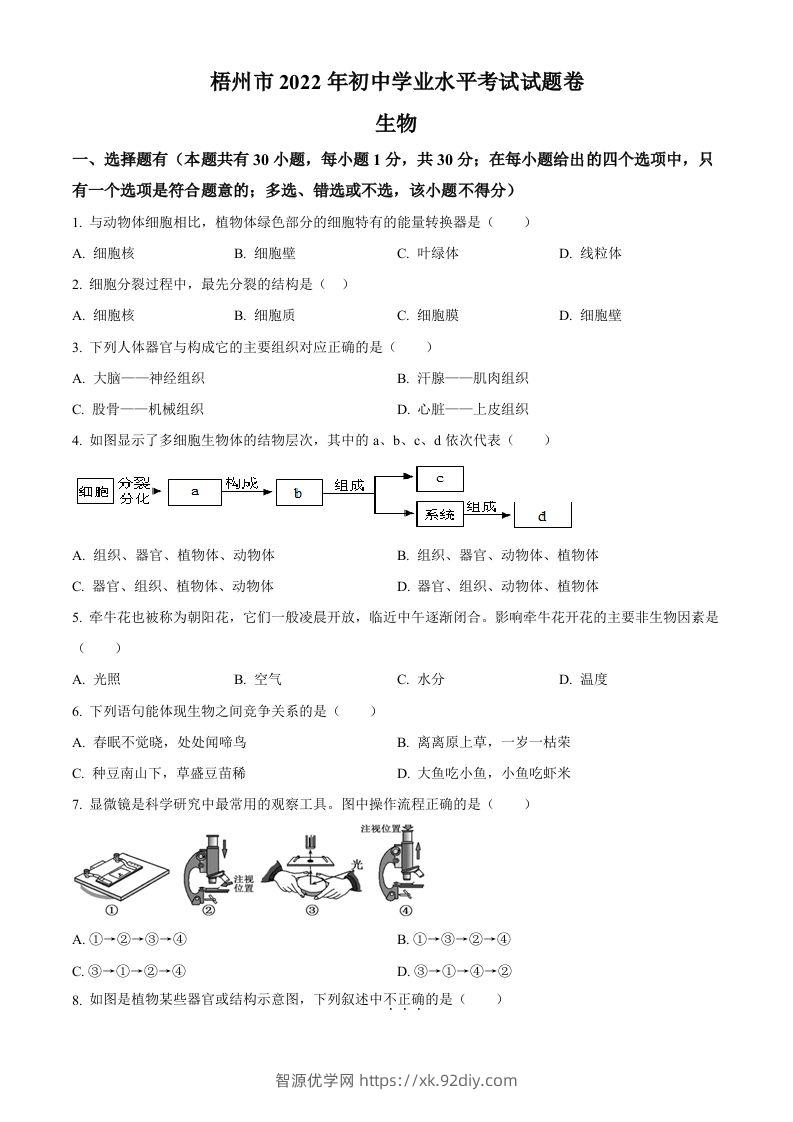 2022年广西梧州市中考生物真题（空白卷）-智源优学网