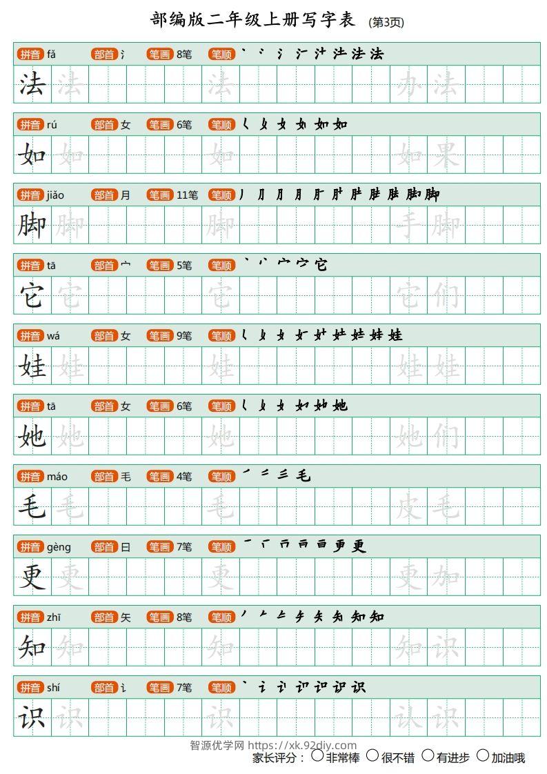 图片[3]-部编版二年级上册语文写字表《田字格字帖》-智源优学网
