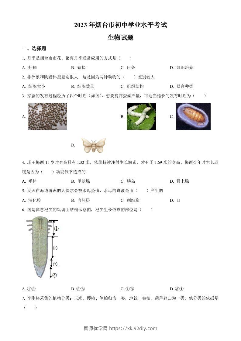 2023年山东省烟台市中考生物真题（空白卷）-智源优学网