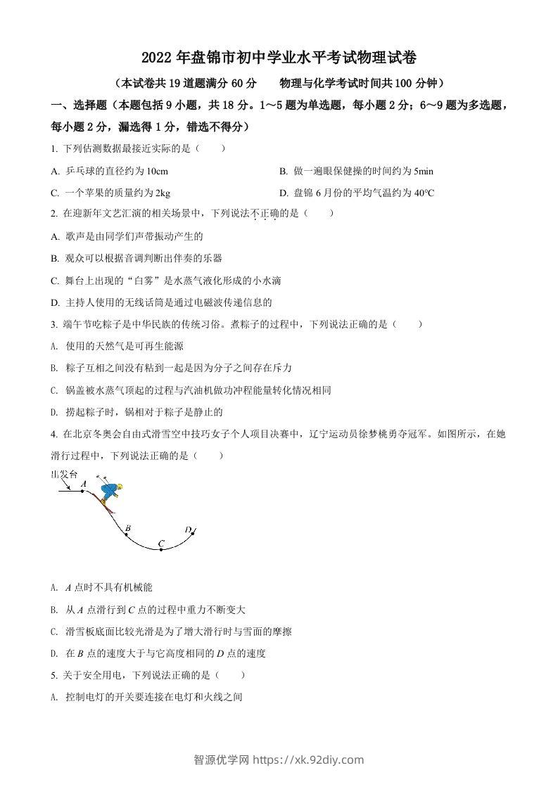 2022年辽宁省盘锦市中考物理试题（空白卷）-智源优学网