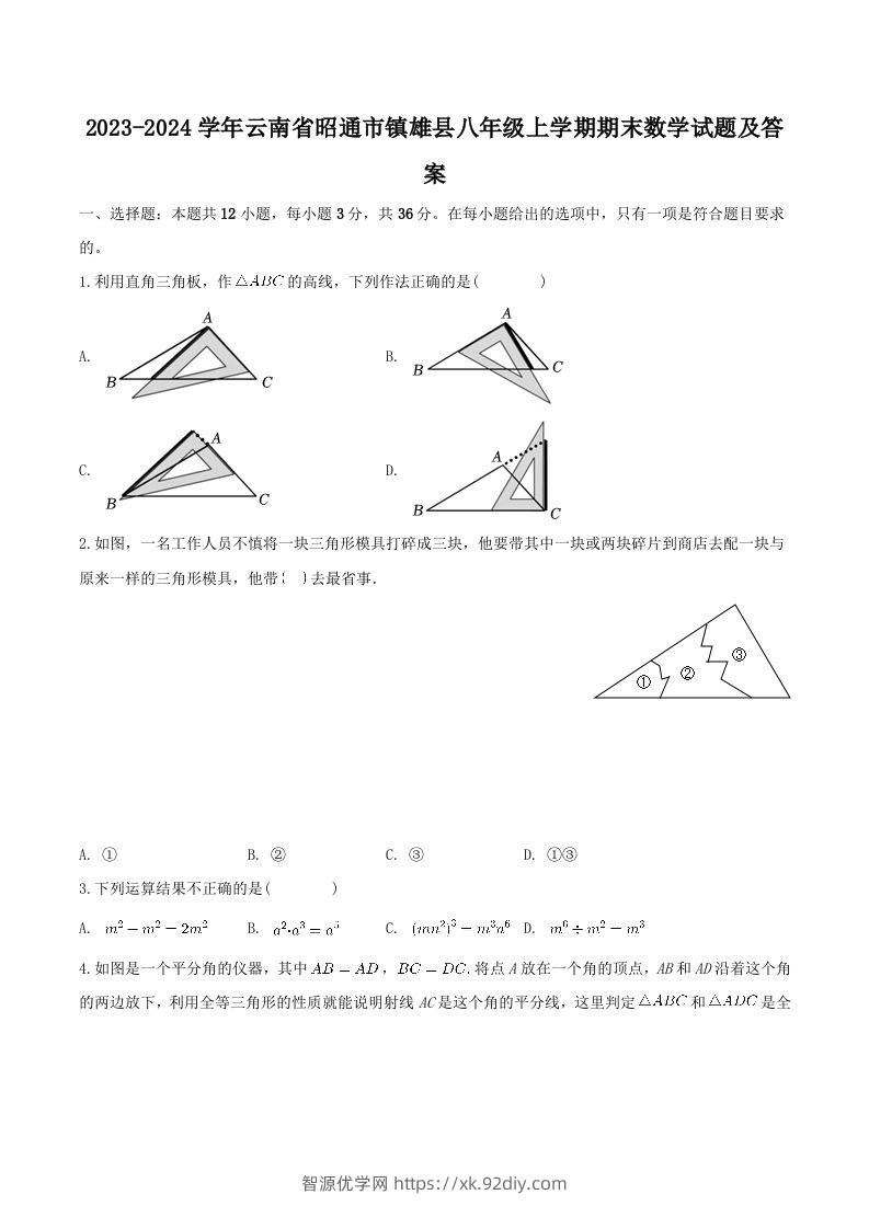 2023-2024学年云南省昭通市镇雄县八年级上学期期末数学试题及答案(Word版)-智源优学网