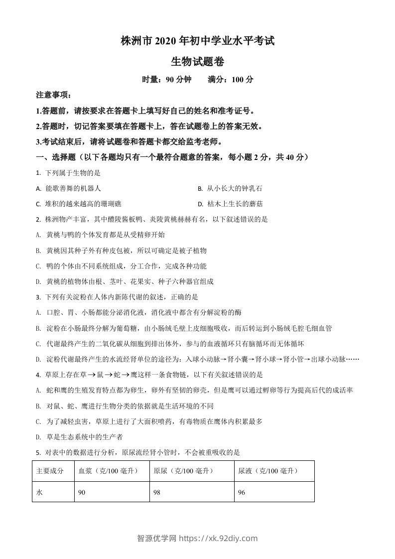 湖南省株洲市2020年中考生物试题（空白卷）-智源优学网