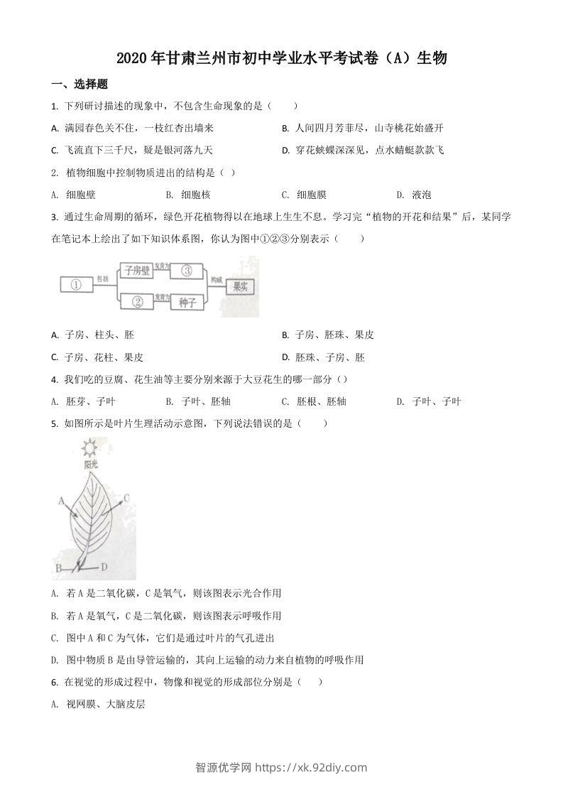 甘肃省兰州市2020年中考生物试题（A）（空白卷）-智源优学网