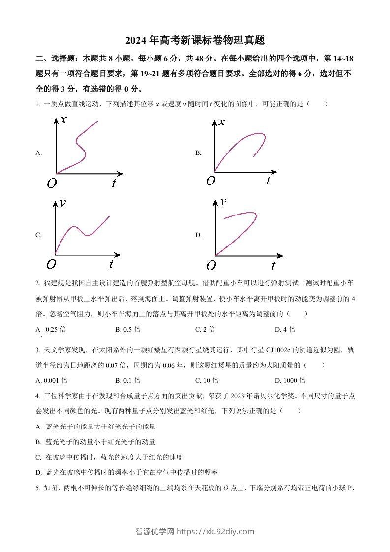 2024年高考物理试卷（新课标）（空白卷）-智源优学网