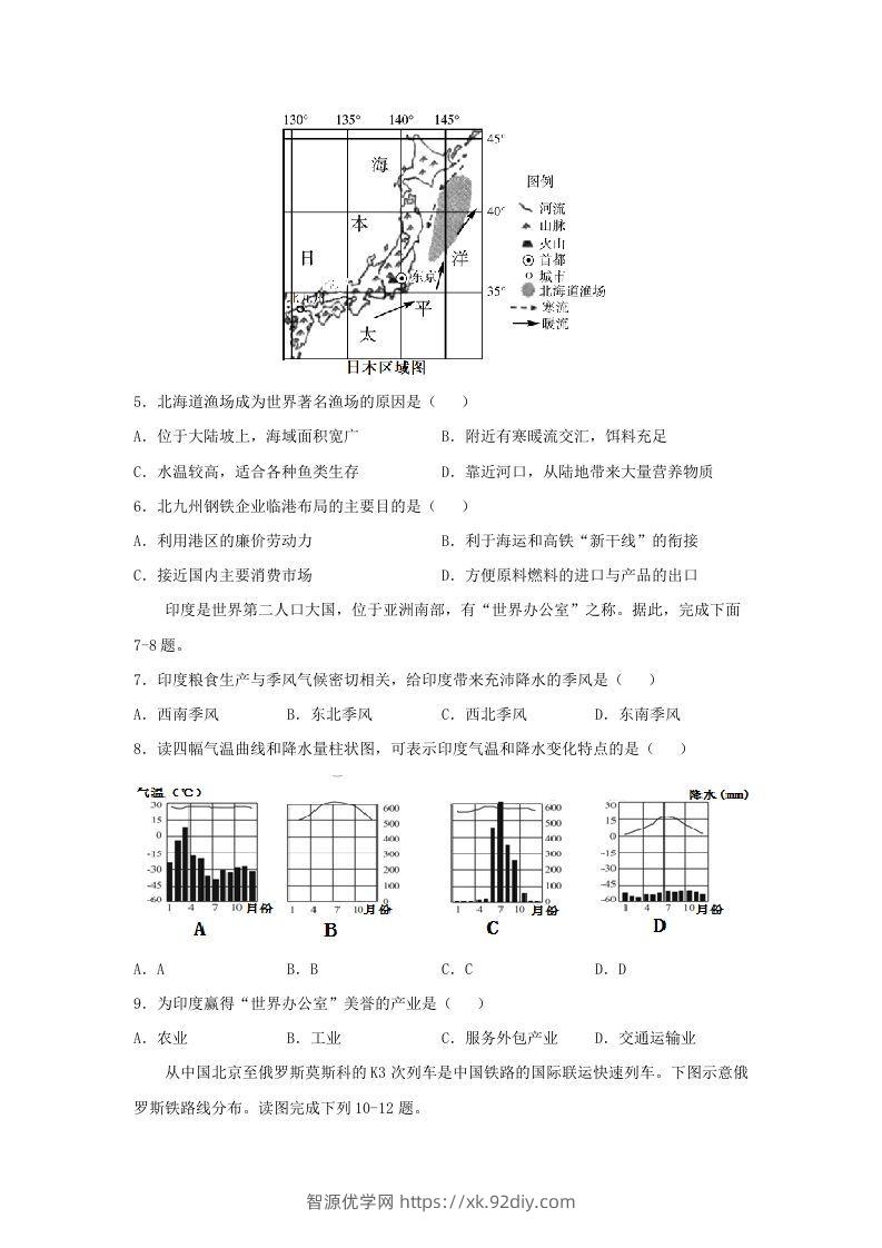 图片[3]-2020-2021学年七年级下册地理期末试卷及答案人教版(Word版)-智源优学网