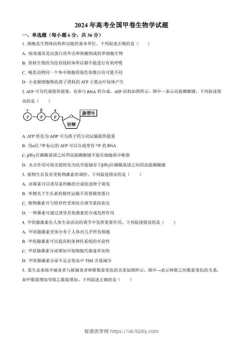 2024年高考生物试卷（全国甲卷）（空白卷）-智源优学网