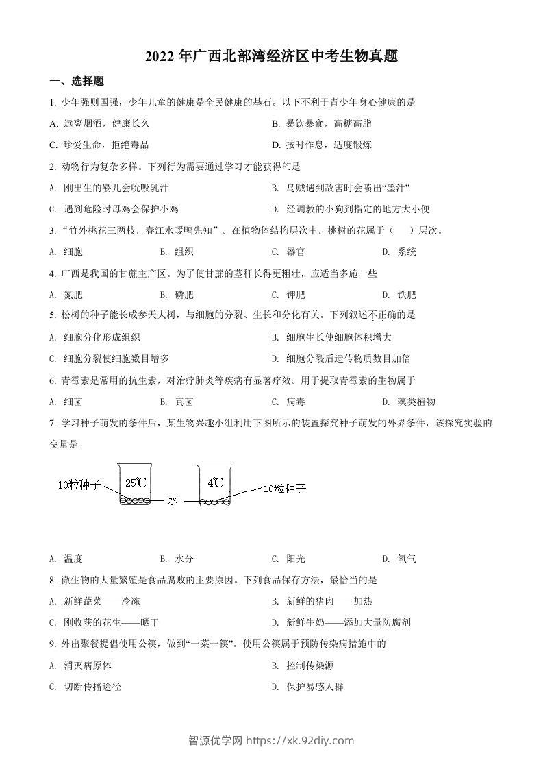2022年广西北部湾经济区中考生物真题（空白卷）-智源优学网