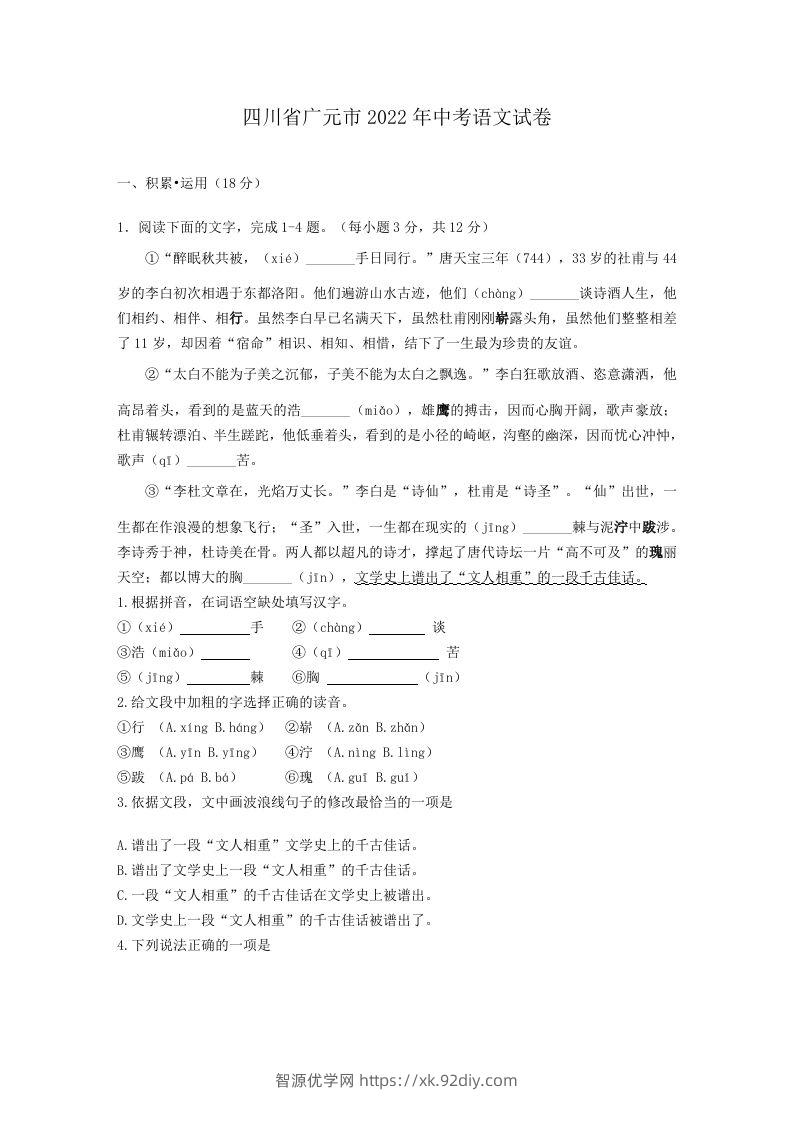 2022年四川省广元市中考语文试卷及答案-智源优学网