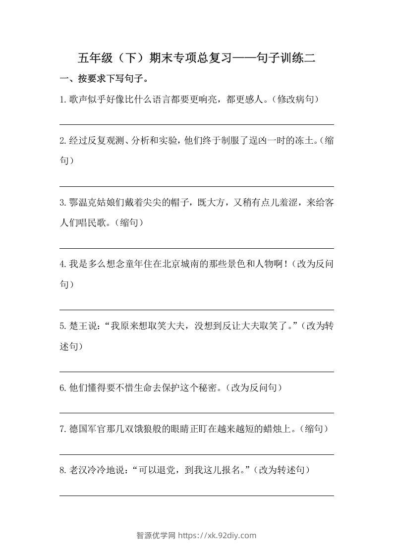 五年级语文下册期末句子训练专项训练（二）（含答案）（部编版）-智源优学网